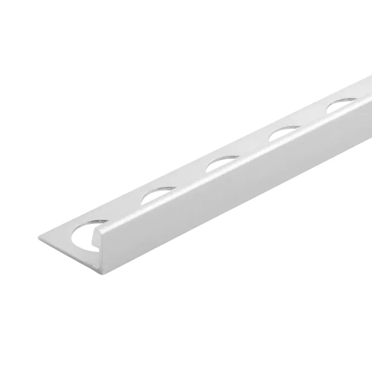 The Go Build 1/2 in. x 98-1/2 in. Aluminum L-Shaped Edging Trim in Satin Silver features a right-angle profile with round perforations, perfect for tile trim, wall protection, or neat floor transitions.